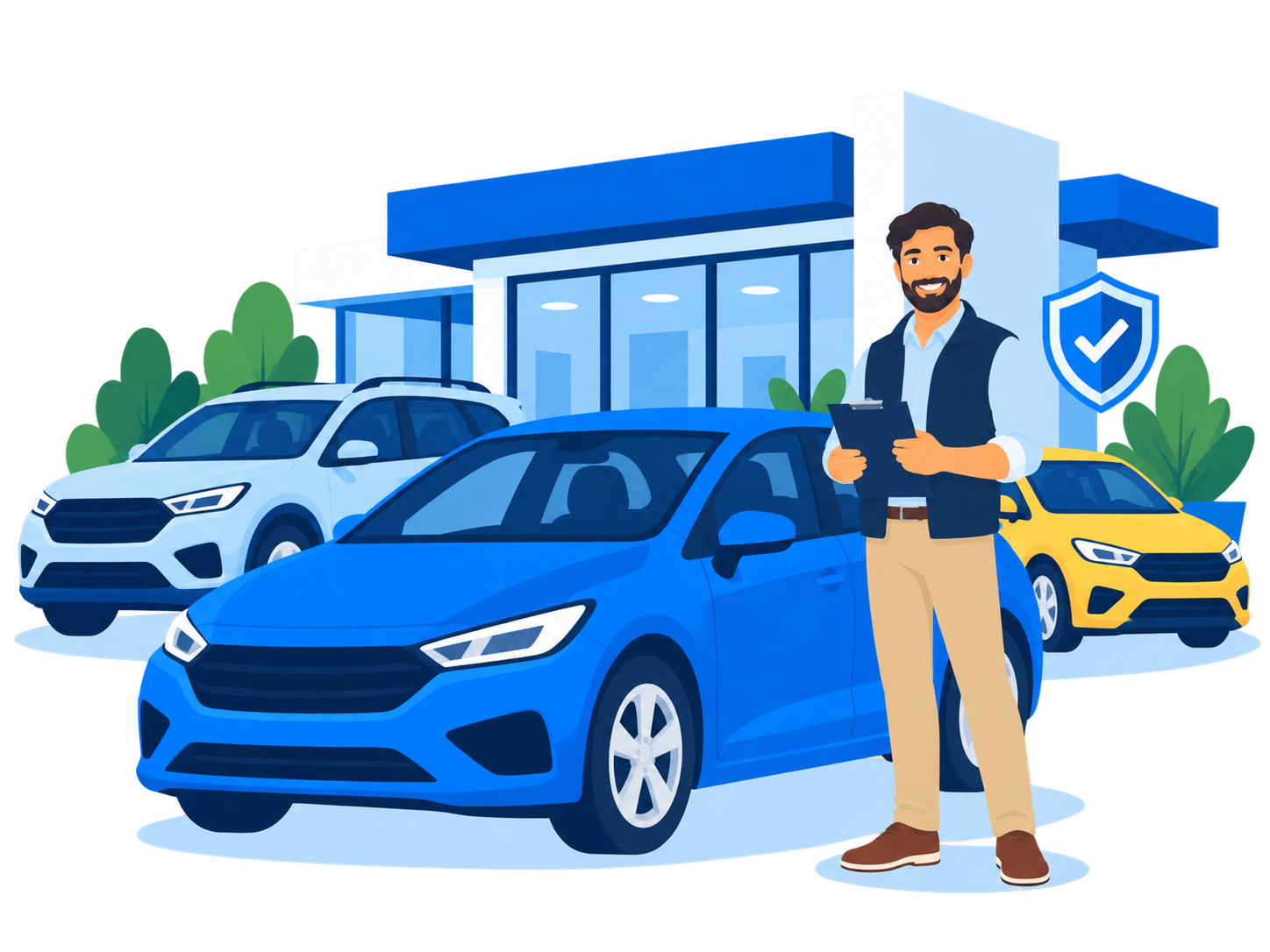 Illustration of an independent dealership with vehicles on its lot